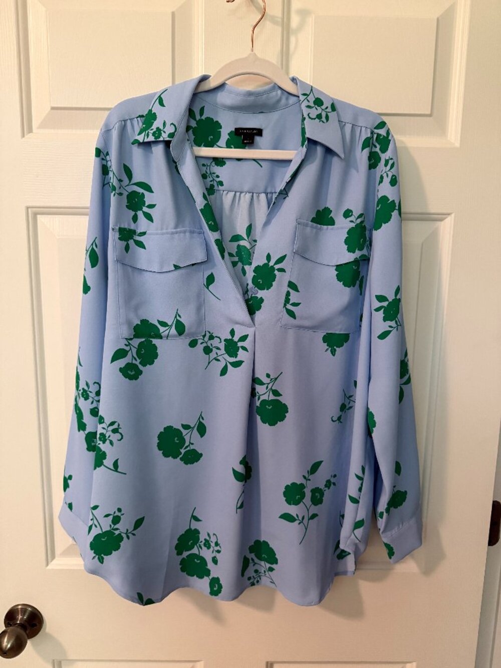 Ann Taylor Light Blue Green Floral V-Neck Tunic Blouse - Size L - New!